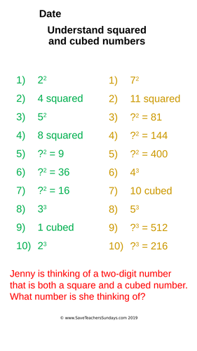 year 5 square numbers and cubed numbers worksheets differentiated to 4 levels teaching resources