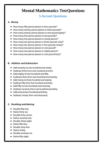 Year 6 Mental Maths Questions