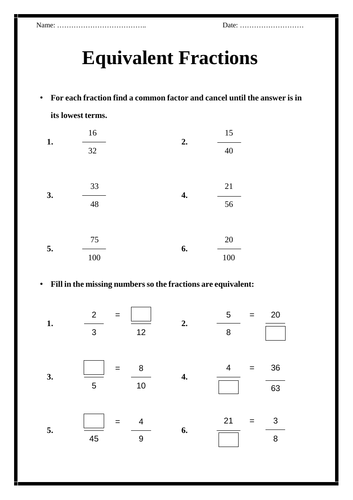 Equivalent Fractions - Worksheet