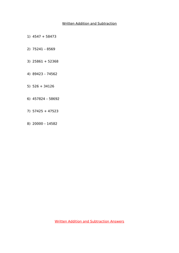 Written Addition And Subtraction Worksheets