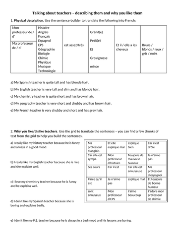 Talking about teachers sentence builder and activities school French