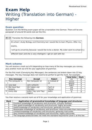 AQA GCSE German Exam Help Sheet for Writing Translation (English to German) - Higher