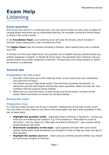 AQA GCSE German Exam Help Sheet for the Listening Exam