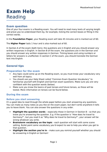 AQA GCSE German Exam Help Sheet for the Reading Exam