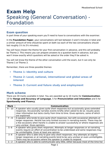 AQA GCSE German Exam Help Sheet for the Speaking Exam - General Conversation - Foundation