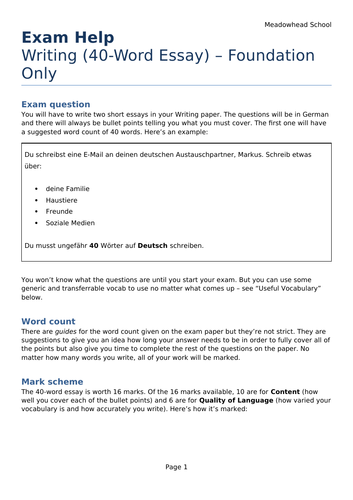 AQA GCSE German Exam Help Sheet for the Writing Exam - 40-Word Essay (Foundation Only)