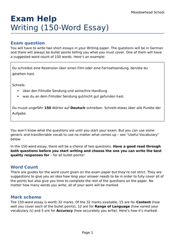AQA GCSE German Exam Help Sheet for the Writing Exam - 150-Word Essay (Higher Only)
