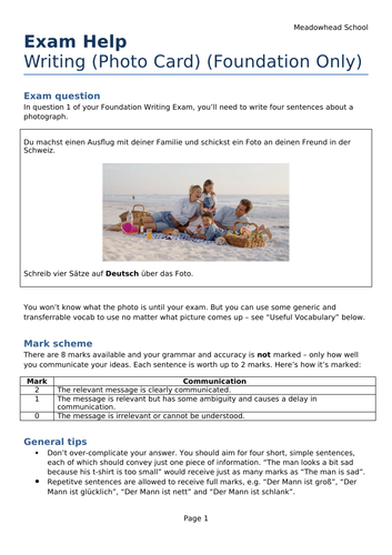 AQA GCSE German Exam Help Sheet for the Writing Exam - Photo Card Description (Foundation Only)