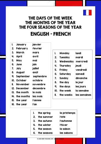 FRENCH DAYS MONTHS SEASONS REFERENCE LIST Teaching Resources