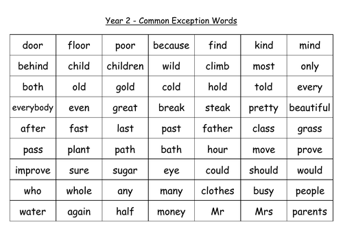 Year 2 Common Exception Word Grid Teaching Resources