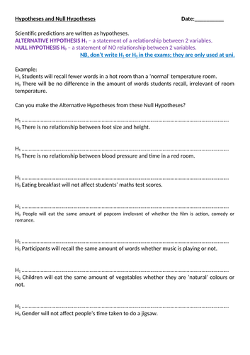 null hypothesis and alternative hypothesis worksheet