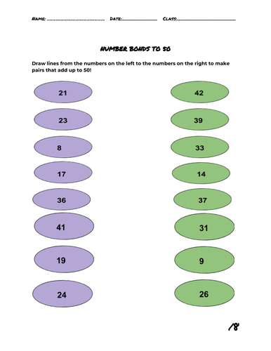 number bonds to 50 worksheet teaching resources