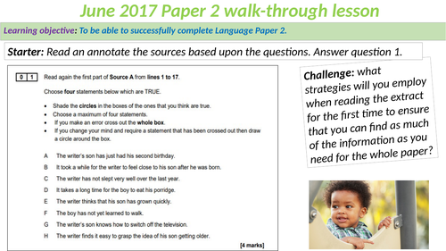 AQA Language Paper 2 June 2017 walk-through - 'How can my son be a year old already?' (Four lessons)