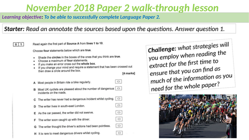 AQA Language Paper 2 November 2018 walk-through - Cycling - 4 lessons