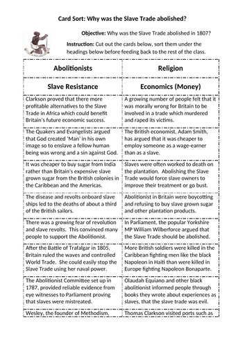 Card Sort: Why was the Slave Trade abolished in 1807?