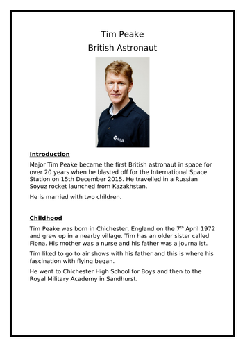 Year 2 / KS1 SATs Reading Comprehension - Tim Peake