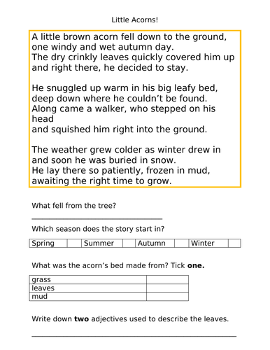 Year 2 / KS1 SATs Reading Comprehension - Little Acorns Poem