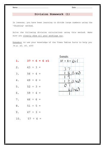 Chunking Division - Homework Sheets
