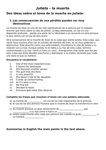 Julieta Almodóvar death theme worksheet la muerte