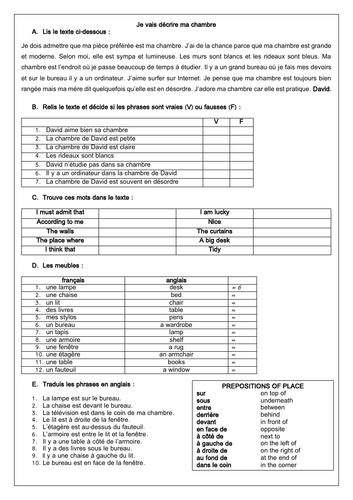 GCSE French Chez moi/ Ma Chambre: describing my bedroom & prepositions (Reading & Translation)