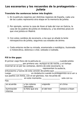 Julieta Almodóvar settings and memories worksheet