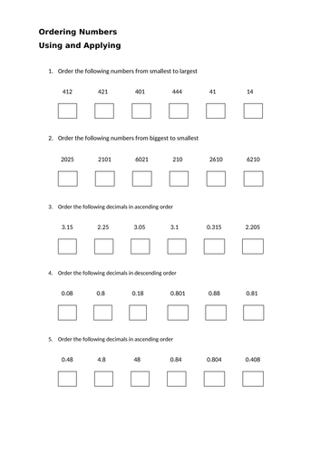 place value ordering numbers differentiated worksheet teaching resources