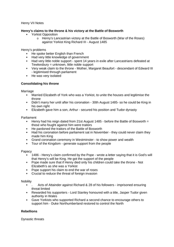 OCR HISTORY HENRY VII + HENRY VIII REVISION NOTES | Teaching Resources