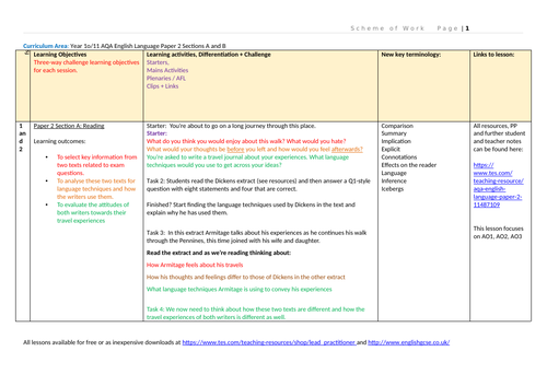 AQA English Language Paper 2 Sections A and B Scheme of Work | Teaching ...