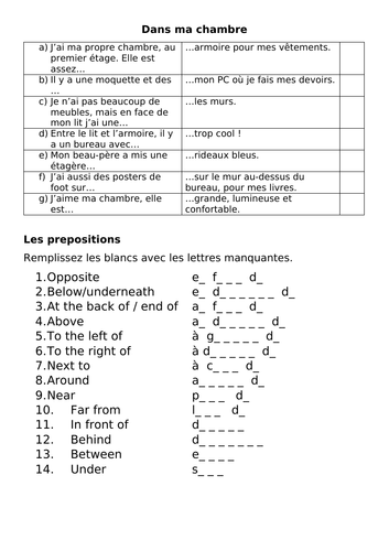 Dans ma chambre sentence matching and prepositions French