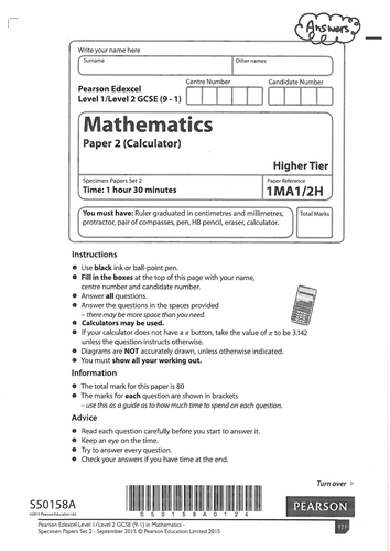 Edexcel GCSE Maths Sample B (P2 Higher Calculator) | Teaching Resources