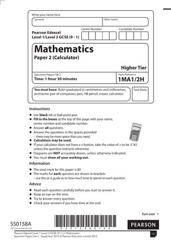 Edexcel Gcse Maths Sample B P2 Higher Calculator Teaching Resources