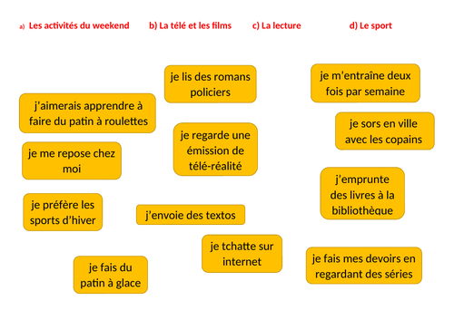 Les loisirs sorting task starter / activity