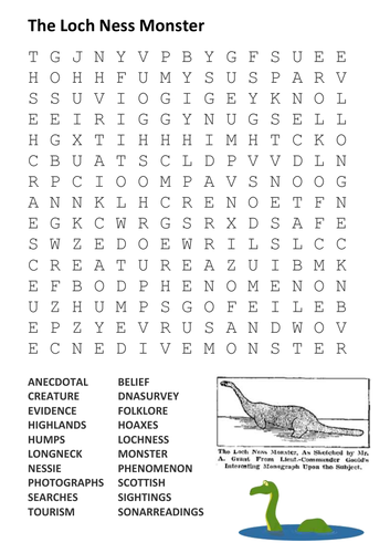 The Loch Ness Monster Word Search Teaching Resources