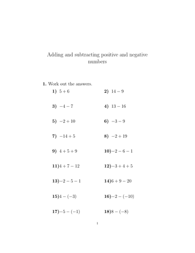 Adding and subtracting positive and negative numbers worksheet no 7 ...