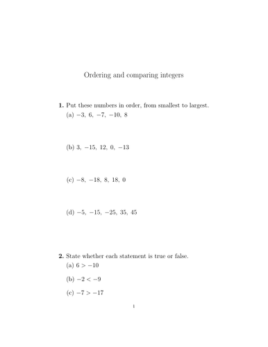 Ordering and comparing integers worksheet no 2 (with solutions