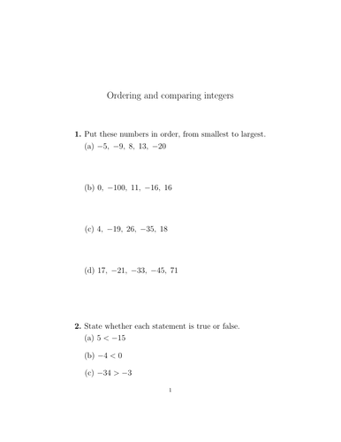 Ordering and comparing integers worksheet no 3 (with solutions