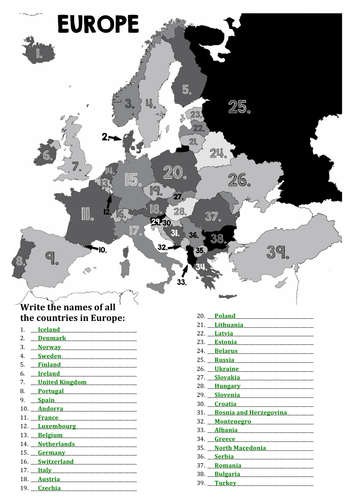 Map of Europe, numbered, fill in the names | Teaching Resources