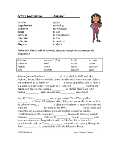 Selena Quintanilla Biography Worksheet for Reviewing Preterite Verbs (SUB PLAN)