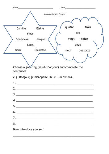 Introductions in French Greetings Name and Age worksheet KS2 Introductions in French Greetings Name and Age worksheet KS2