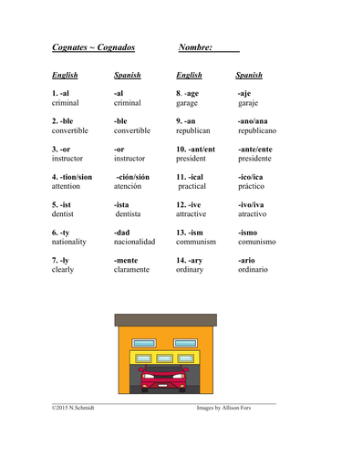 Spanish English Cognates Handout + Worksheet - Cognados (SUB PLAN)