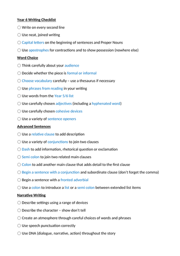 instruction writing checklist year 6