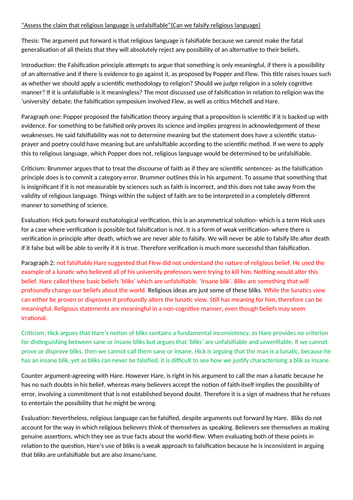 “Assess the claim that religious language is unfalsifiable”(Can we falsify religious language)