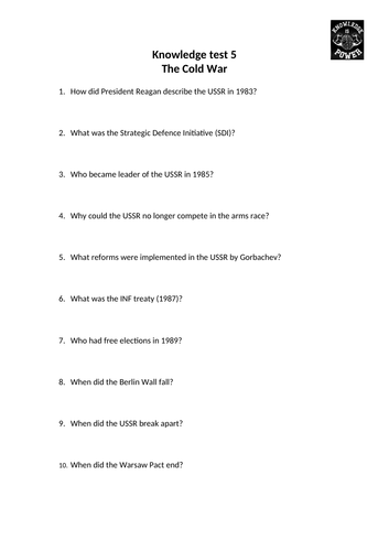Cold War knowledge organiser and tests - Edexcel 9-1 History GCSE paper ...