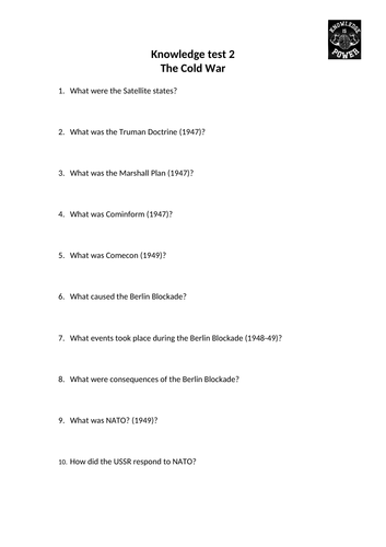 Cold War knowledge organiser and tests - Edexcel 9-1 History GCSE paper ...