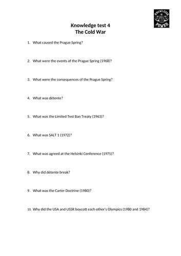 Cold War knowledge organiser and tests - Edexcel 9-1 History GCSE paper ...