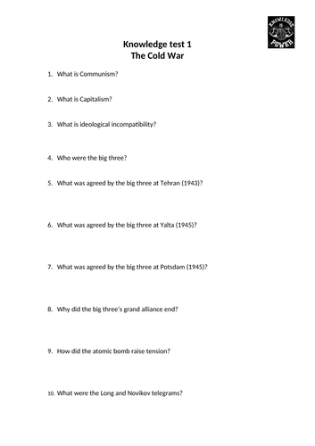 Cold War knowledge organiser and tests - Edexcel 9-1 History GCSE paper ...