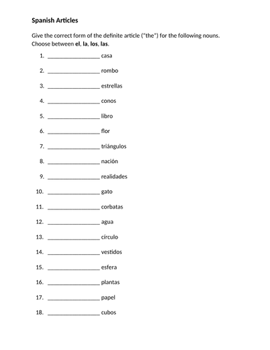 Spanish Articles Worksheet | Teaching Resources