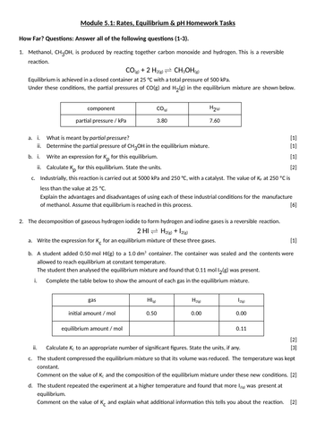 Rates, Equilibrium & pH Homework Tasks | Teaching Resources