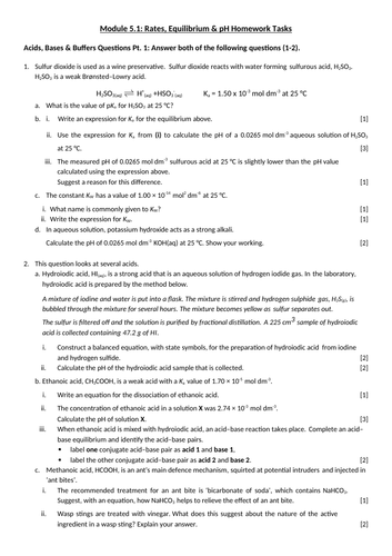 Rates, Equilibrium & pH Homework Tasks | Teaching Resources