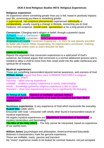 OCR A-level Religious Studies: Religious Experiences Revision Notes